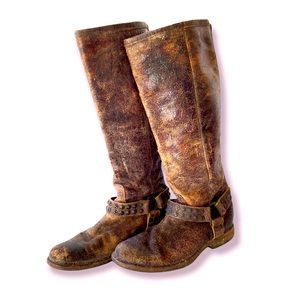 Frye Distressed Brown Leather Tall Boots with Harness & Brass Rivets Sz 7
